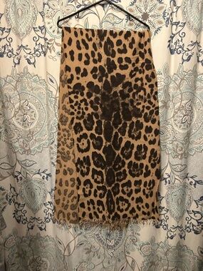 Leopard Print Fringe Scarf - Tan and Black